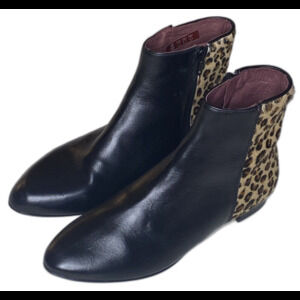 SABRINAS Spain Ankle Boots Leather Calf Hair Leopard Womens 38 US 7.5 Black